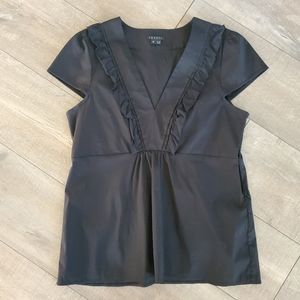 Theory Women's Black Cap Sleeve V Neck Ruffled Top Medium